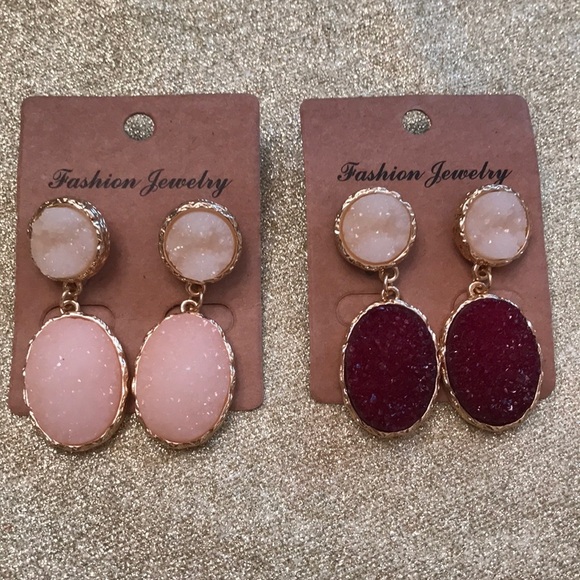 NWT Druzy Stone Earrings - Peach OR Burgundy OR Navy + Ivory Teardrop Studs - Picture 1 of 12